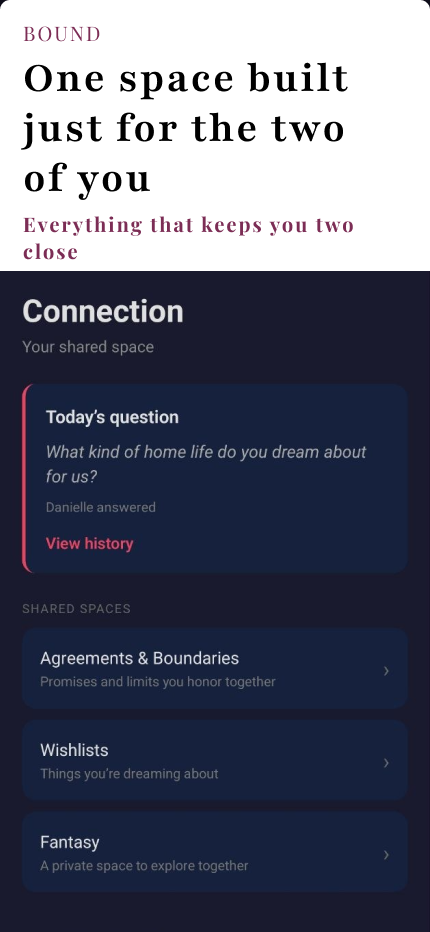 Bound shared space showing daily question and relationship spaces